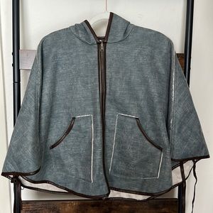 Aviator cape/Poncho w/ waxed Jeans material and faux leather piping w/shearling